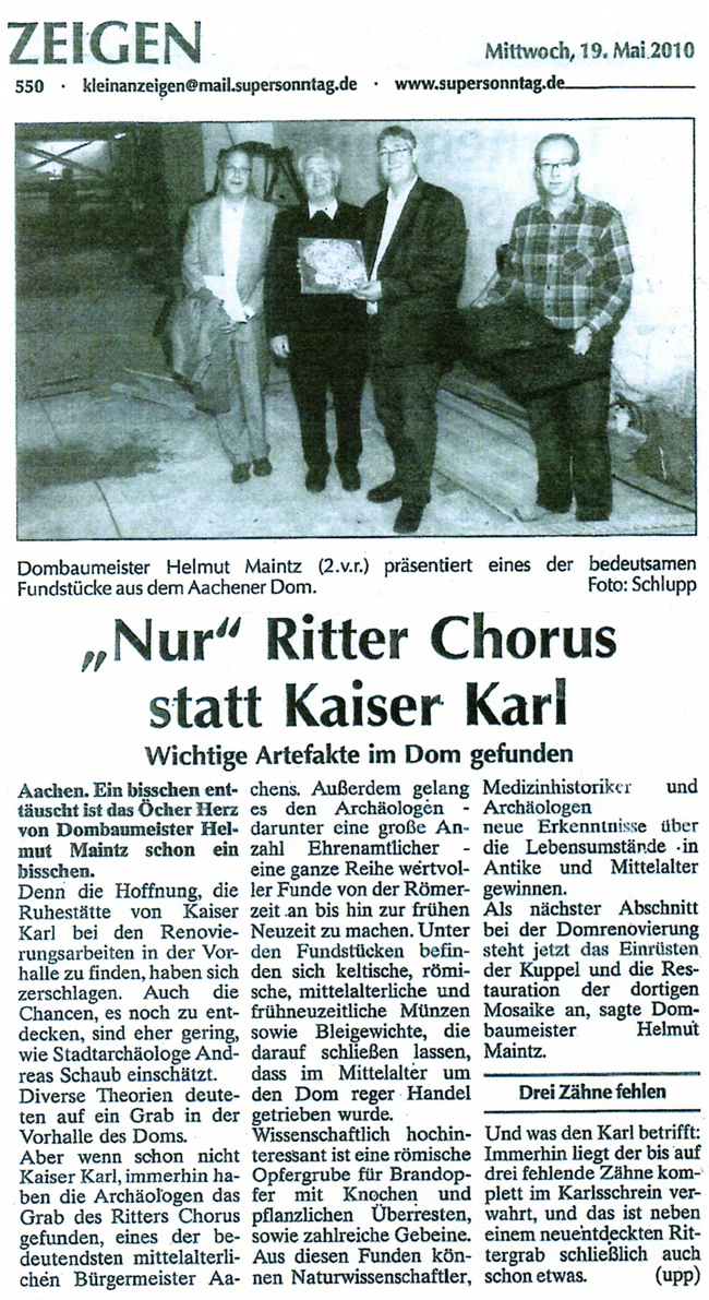 Krantenbericht over vondst graf Ritter Chorus in Dom van Aken