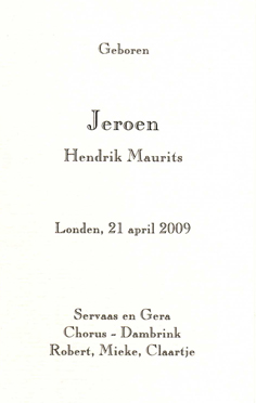 Geboortekaartje Jeroen Hendrik Maurits Chorus