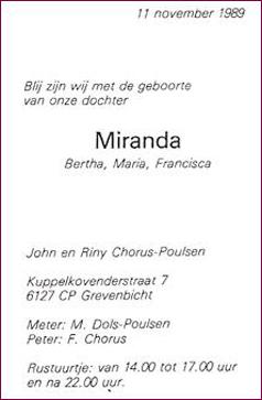 Geboortekaartje Miranda Chorus