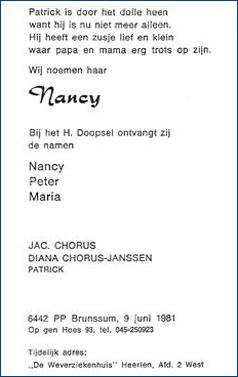 Geboortekaartje Nancy Chorus